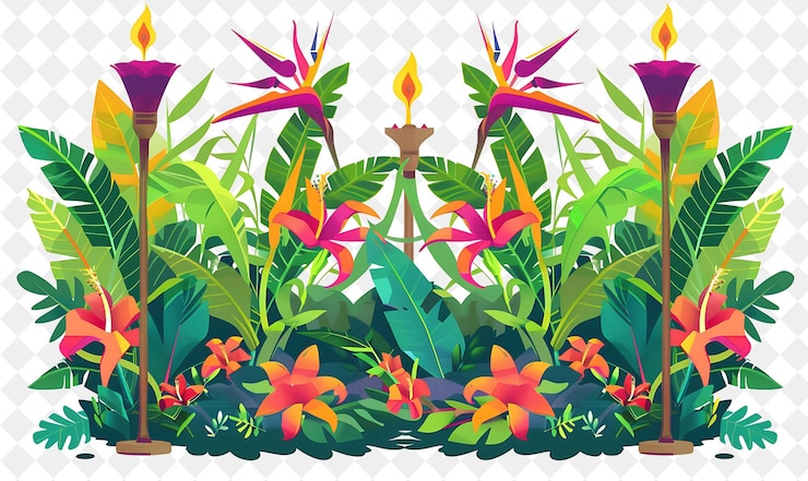 PSD exuberante paisaje tropical con antorchas tiki y vibrante pájaro o ilustración diseño de paisajes naturales