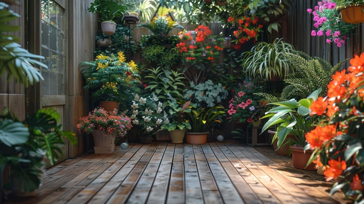 PSD un exuberante patio vibrante con una terraza de madera rodeada de plantas en maceta y flores