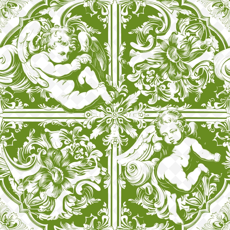 PSD exuberante patrón barroco con una especie de icono de querubín y arte de contorno abstracto inspirado en la naturaleza que fluye