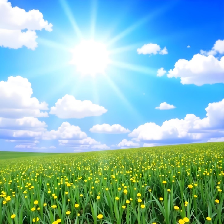 PSD exuberante prado verde con flores amarillas bajo un cielo azul brillante paisaje sereno con colores vibrantes