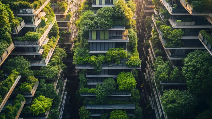 PSD la exuberante vegetación cubre un moderno edificio de apartamentos de gran altura