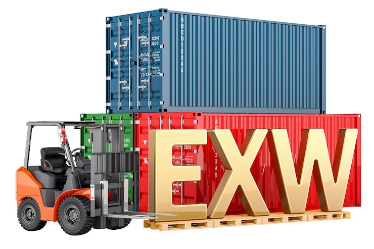 PSD exw concept forklift truck with cargo containers 3d rendering isolated on transparent background