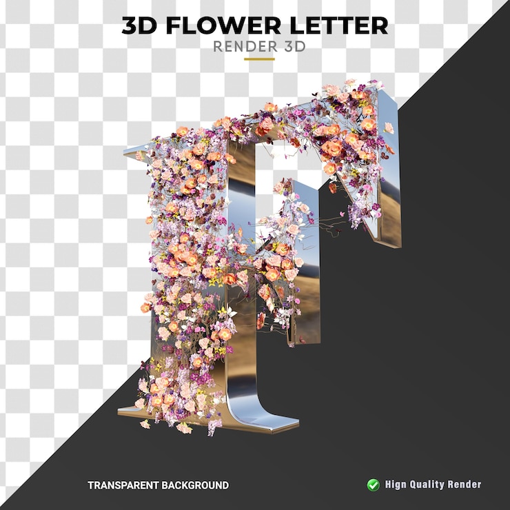 PSD f letra 3d flores y hojas de alta calidad renderizado realista textura de metal