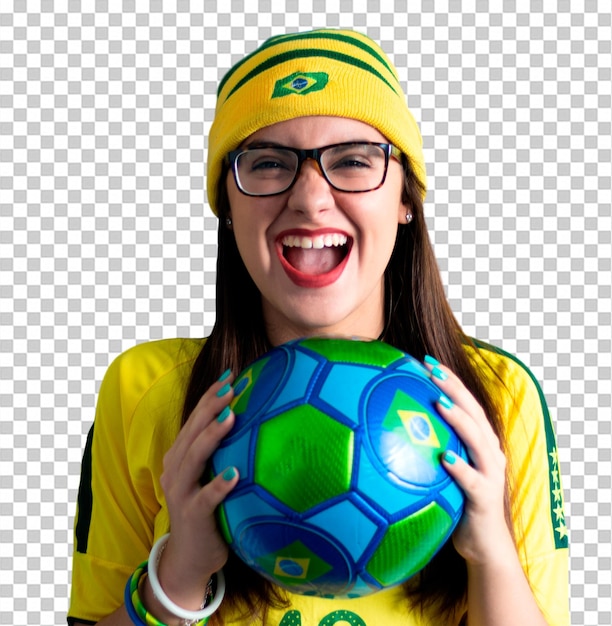 PSD fã brasileira jovem líder de torcida comemorando as cores do futebol brasil