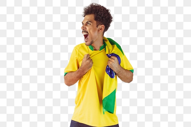 Fã brasileiro negro com camisa de time de futebol isolada