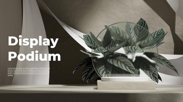 fabric and glass circle rendering 3d blank mockup black color block and cylinder podium in landscape