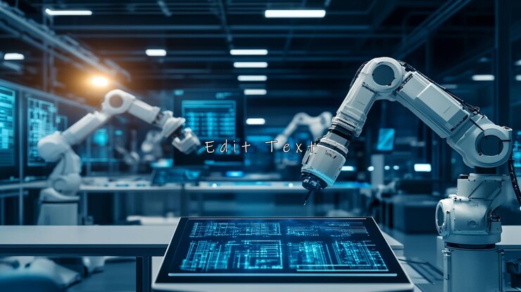 PSD fábrica inteligente con brazos robóticos y panel de control digital