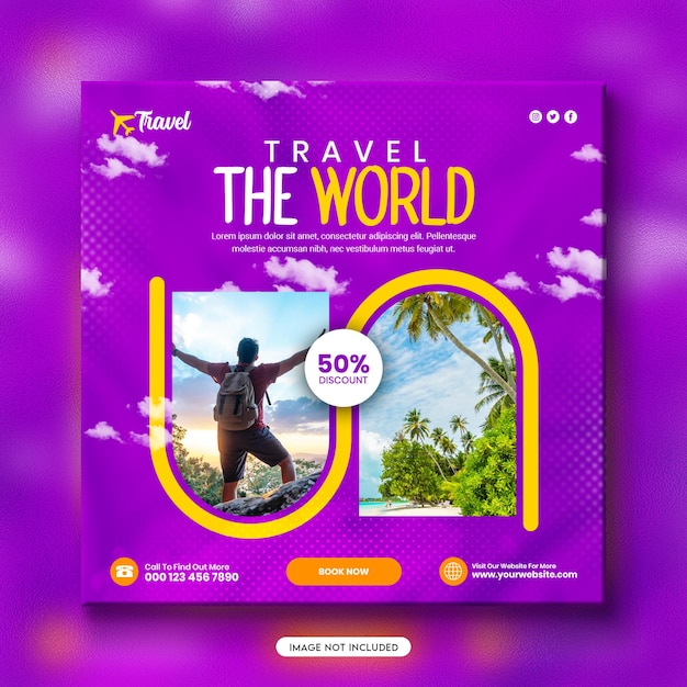 PSD faça um tour pelo design de postagem do instagram de férias de férias ou explore o modelo de banner de mídia social de viagem mundial