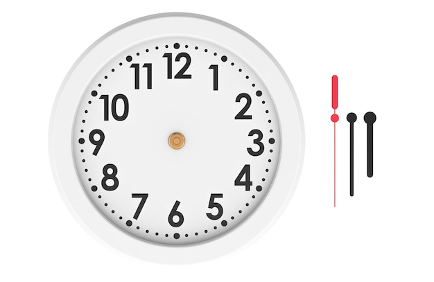 Façade d'horloge blanche avec aiguilles d'heure, de minute et de seconde vue avant rendu 3D isolé sur un fond transparent