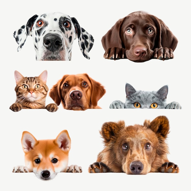Facce di animali carini che sbirciano elementi di design set psd