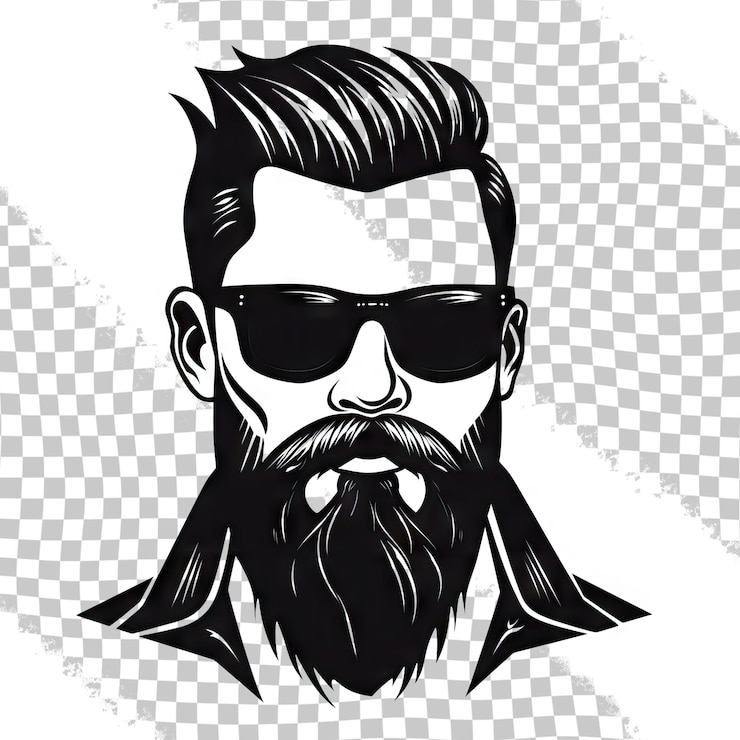 PSD face d'homme barbu élégant avec des lunettes de soleil personnage hipster vectoriel emblème d'avatar de silhouette de mode