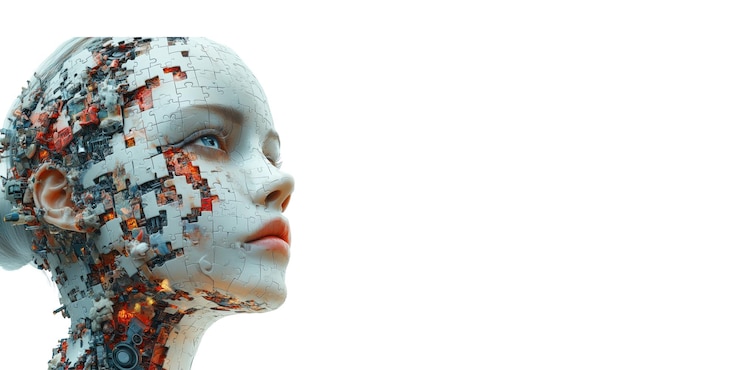 PSD face with floral and metal elements isolated on transparent background