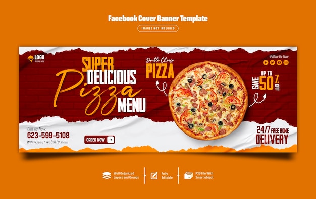 PSD facebook-cover-banner-vorlage für köstliche pizza und speisen premium-psd