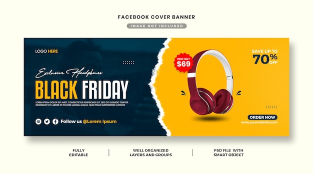 PSD facebook-cover-vorlage für den black friday-kopfhörerverkauf