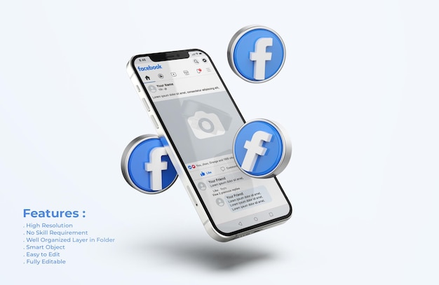 PSD facebook no celular maquete com ícones 3d