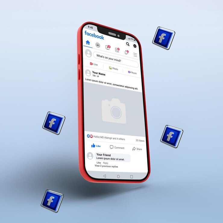 PSD facebook post on mobile phone mockup with 3d icons