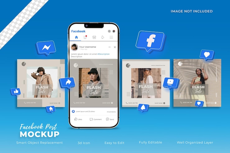PSD facebook posts on smartphone mockup with 3d icons