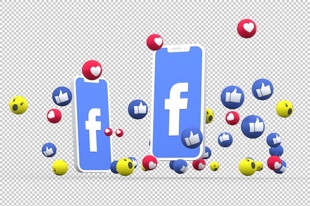 Facebook-symbol auf dem bildschirm smartphone oder handy und facebook reaktionen lieben, wow, wie emoji 3d rendern