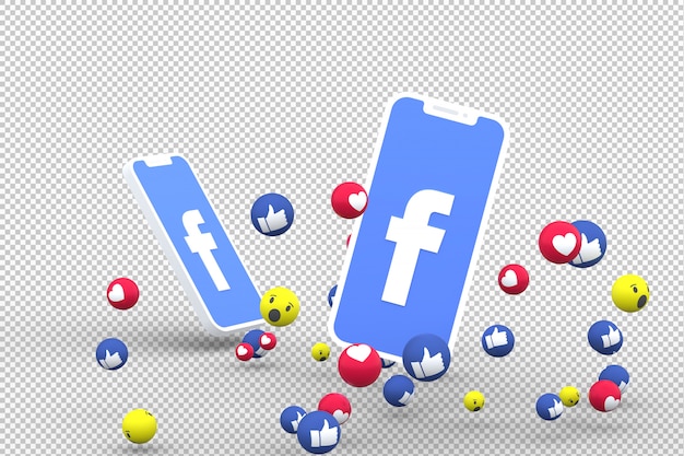 Facebook-symbol auf dem bildschirm smartphone oder handy und facebook reaktionen lieben, wow, wie emoji 3d rendern