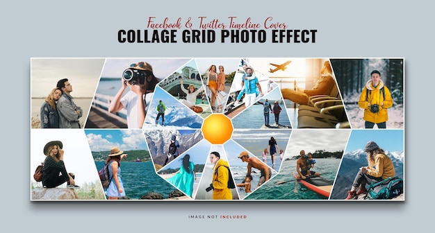 PSD facebook, twitter timeline portada collage de fotos y collage grid photo effect mockup