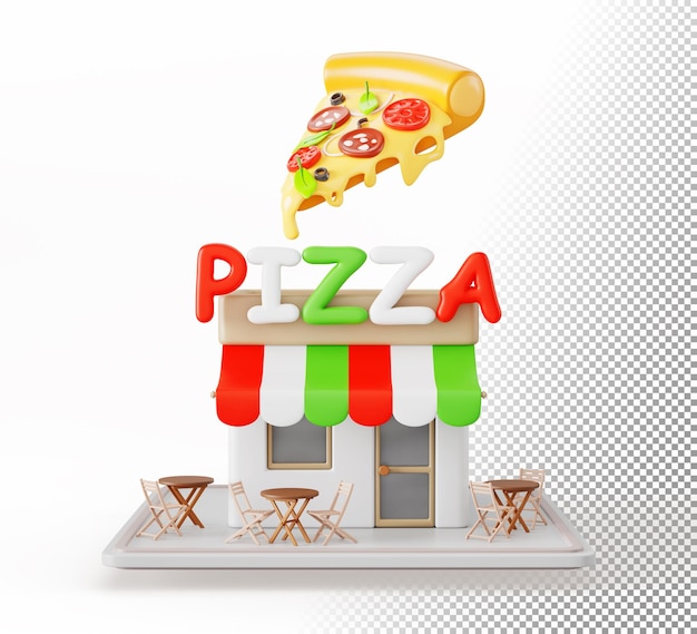 Fachada del edificio de pizza, cafetería de comida rápida con muebles de madera en el exterior, presentación isométrica en 3D, restaurante al aire libre en la calle de la ciudad, restaurante con cartel frontal de toldo y rebanada de icono de pizza italiana