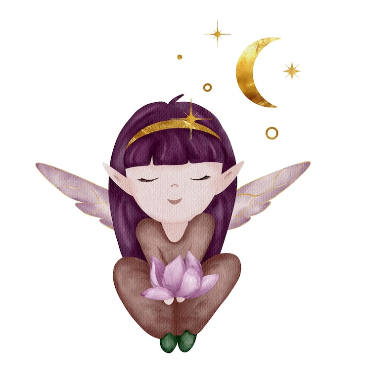 PSD fada bonita segurando uma flor de lótus cercada de estrelas e uma lua crescente
