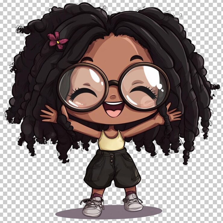 PSD fada negra chibi com grandes óculos redondos em fundo transparente