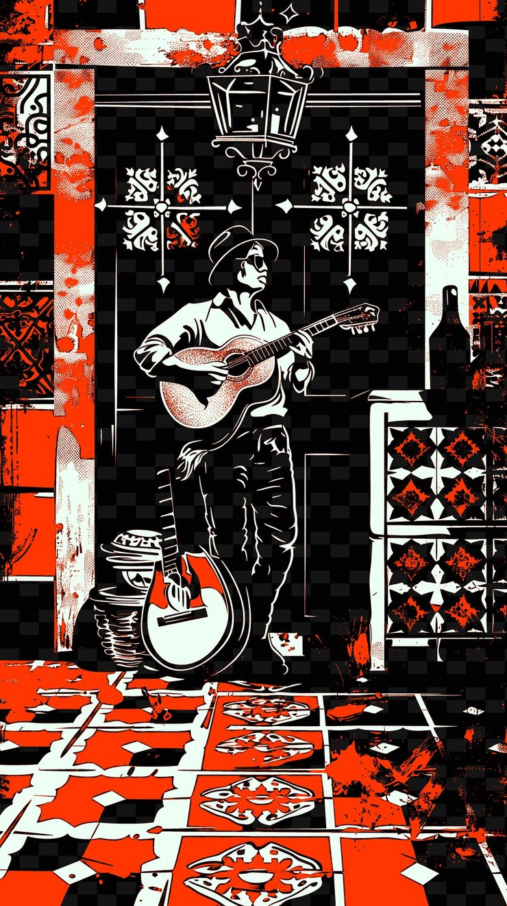 PSD fado-sänger in einer traditionellen portugiesischen taverne wi vector illustration musik poster idee