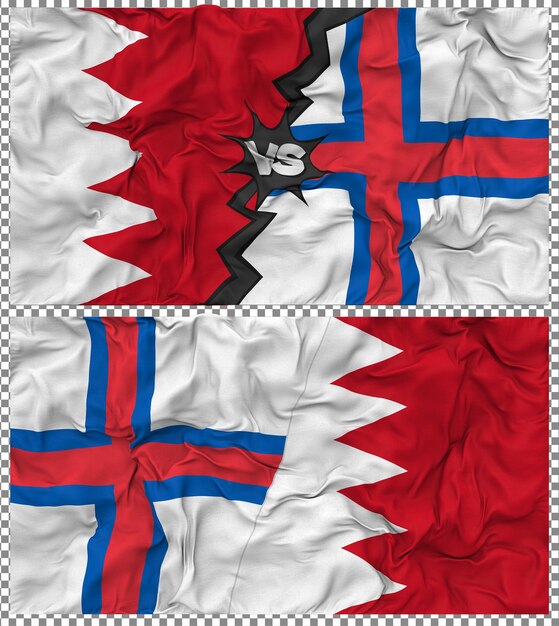 Färöer-Inseln gegen Bahrain Halbkombinierte Flagge Stoff-Bump-Textur 3D-Rendering
