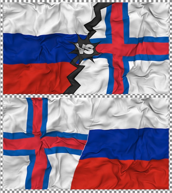 Färöer-Inseln gegen Russland Halbkombinierte Flagge Stoff-Bump-Textur 3D-Rendering
