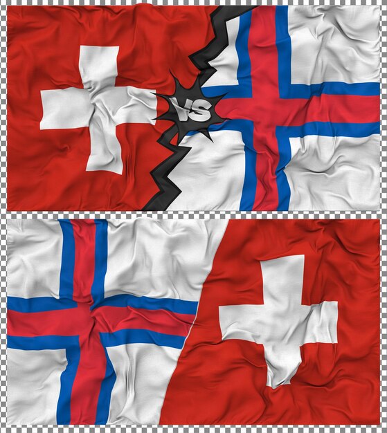 Färöer-Inseln gegen Schweiz Halbkombinierte Flagge Stoff-Bump-Textur 3D-Rendering