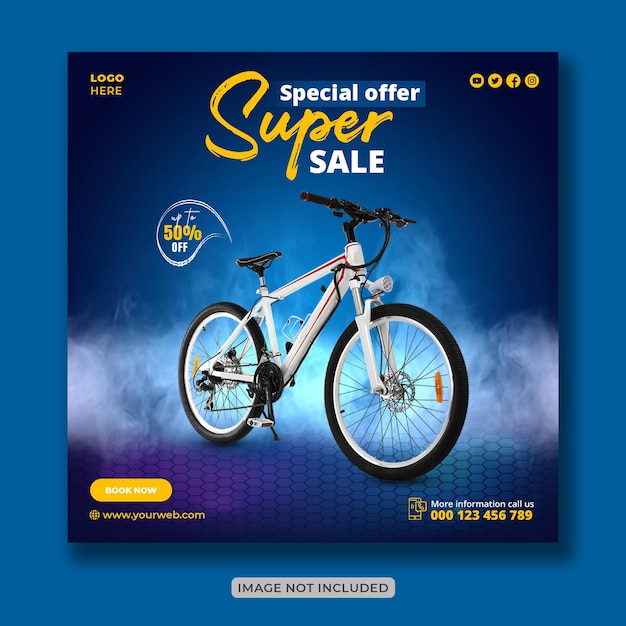 Fahrradverkauf kreativer instagram-post und social-media-banner-design oder quadratische flyer-vorlage premium