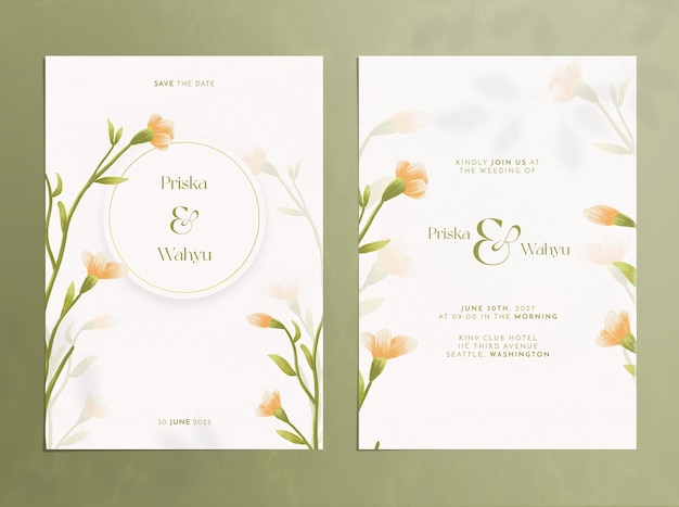 PSD faire-part de mariage double face avec des ornements d'aquarelle de fleurs