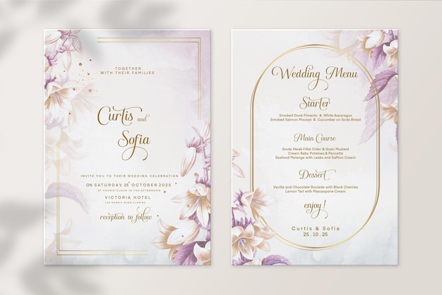 PSD faire-part de mariage floral et menu de mariage avec fleur violette