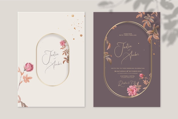 Faire-part De Mariage Vintage Et Réservez La Date Avec Une Fleur Rouge Et Un Fond Marron