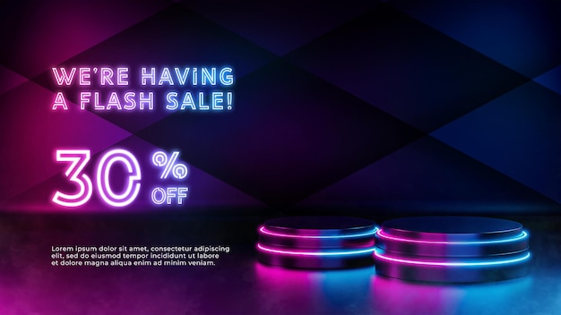 PSD faixa de venda 3d realista com display preto pódio néon brilhante led