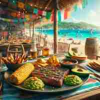 PSD fajita mexicana com guacamole no bar bach no cartaz de férias ao pôr do sol