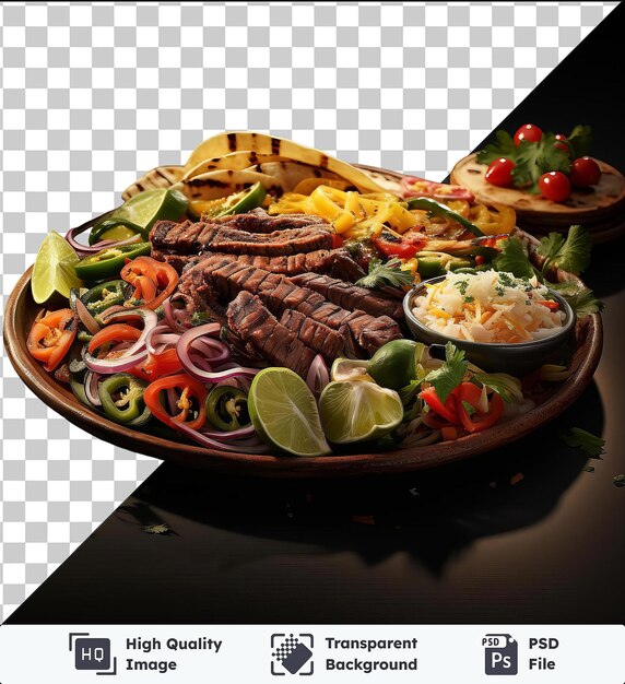 PSD fajitas translúcidas com uma variedade de vegetais coloridos, incluindo cebolas vermelhas e roxas, pimentas verdes e limões cortados, servidos em uma mesa preta com um