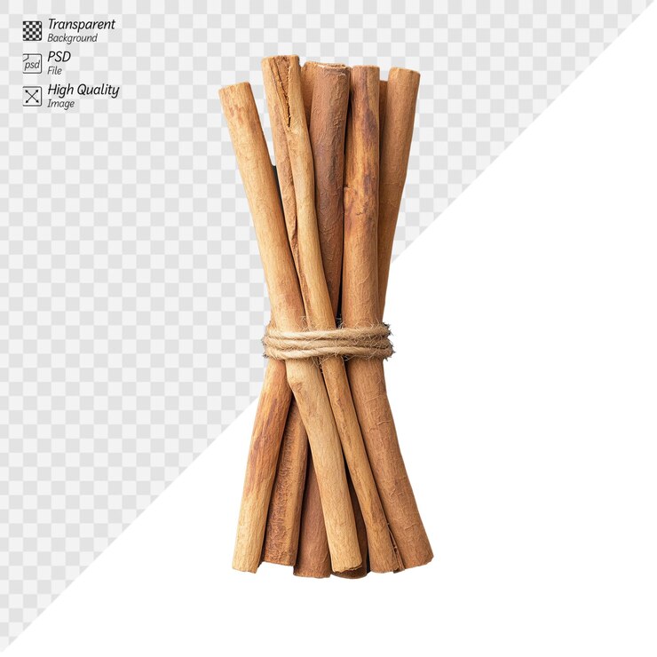 Un fajo de palitos de canela estrechamente atados sobre un fondo transparente