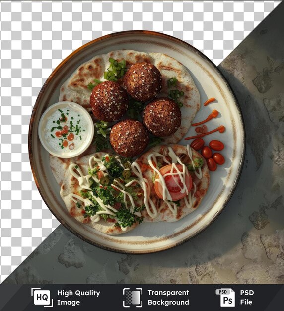 PSD falafel de qualité et boulettes de viande servies sur une assiette blanche accompagnées d'un petit bol blanc