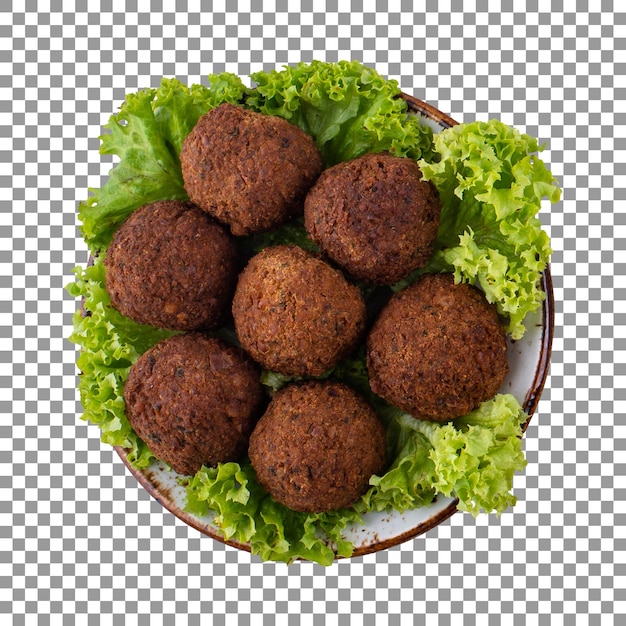 Falafels saborosos com alface verde folhosa em fundo transparente