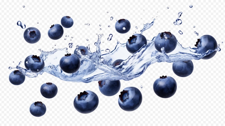 PSD fallende blaubeeren mit isoliertem spritzer auf durchsichtigem hintergrund
