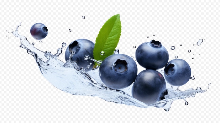 PSD fallende blaubeeren mit isoliertem spritzer auf durchsichtigem hintergrund