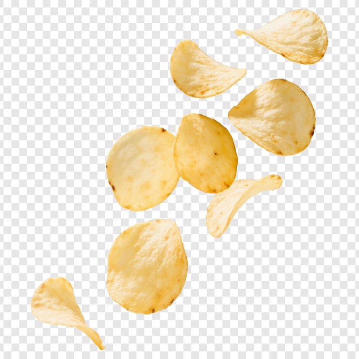 PSD fallende kartoffelchips auf durchsichtigem hintergrund