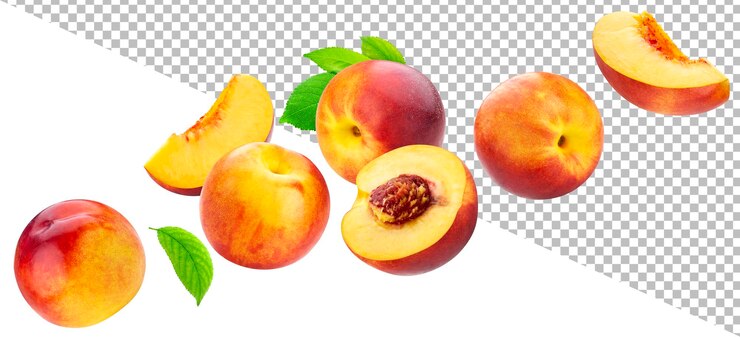 PSD falling peach isolated on white background, collection of ripe whole and sliced peaches