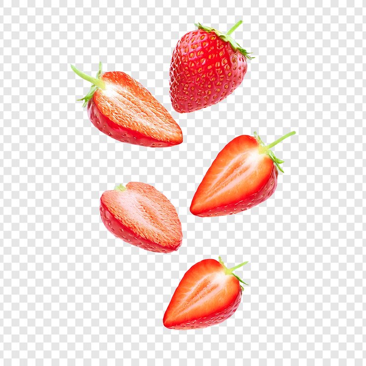 Falling Strawberries and Slices on Transparent Background Fruit Cut Out
