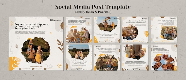 Famiglia con genitori e figli modello di post sui social media