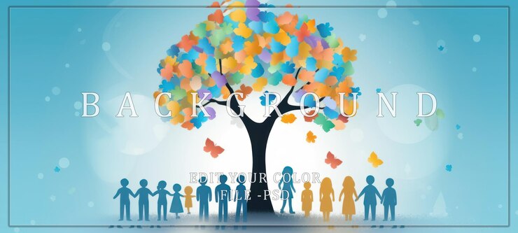 Famiglia dell'albero della vita con foglie colorate e farfalle
