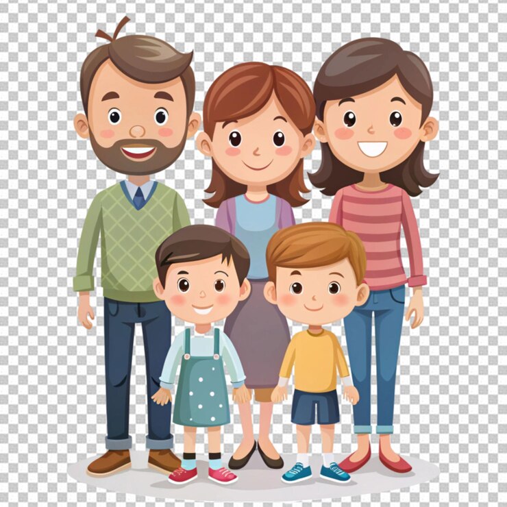 PSD famiglia felice con un bambino in piedi insieme e sorridendo sullo sfondo trasparente