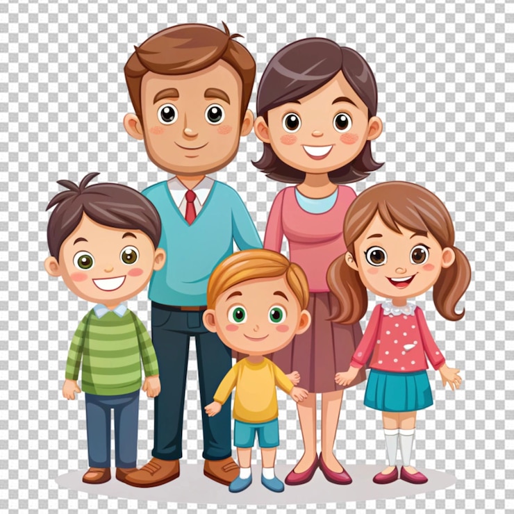 PSD famiglia felice con un bambino in piedi insieme e sorridendo sullo sfondo trasparente